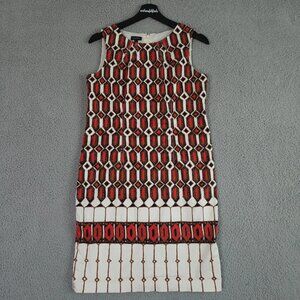 Talbots Dress Womens 2 Brown Red Cream Geometric Sheath Sleeveless Knee Length